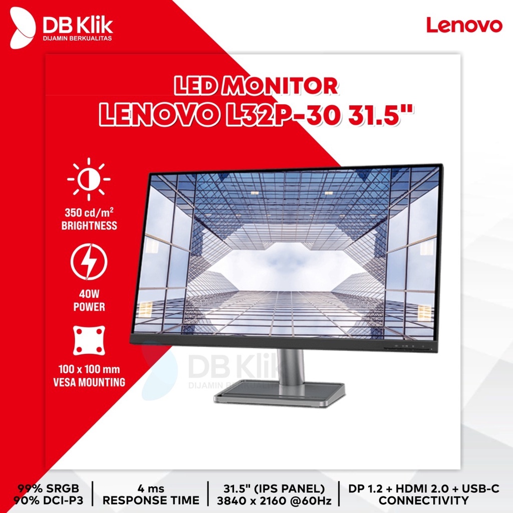 LED Monitor LENOVO L32p-30 31.5" 60Hz 4K UHD HDMI DP USB C - L23p 30