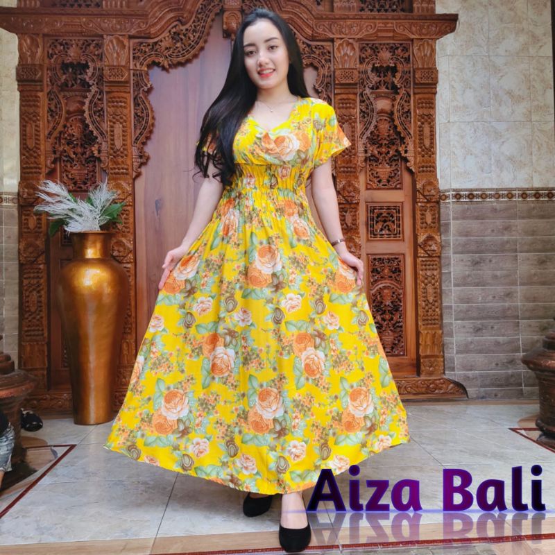 Dress Daster Mozza Panjang Motif Bunga Mawar Buttercup Lengan Pendek Rayon Super Premium Bali Terbar
