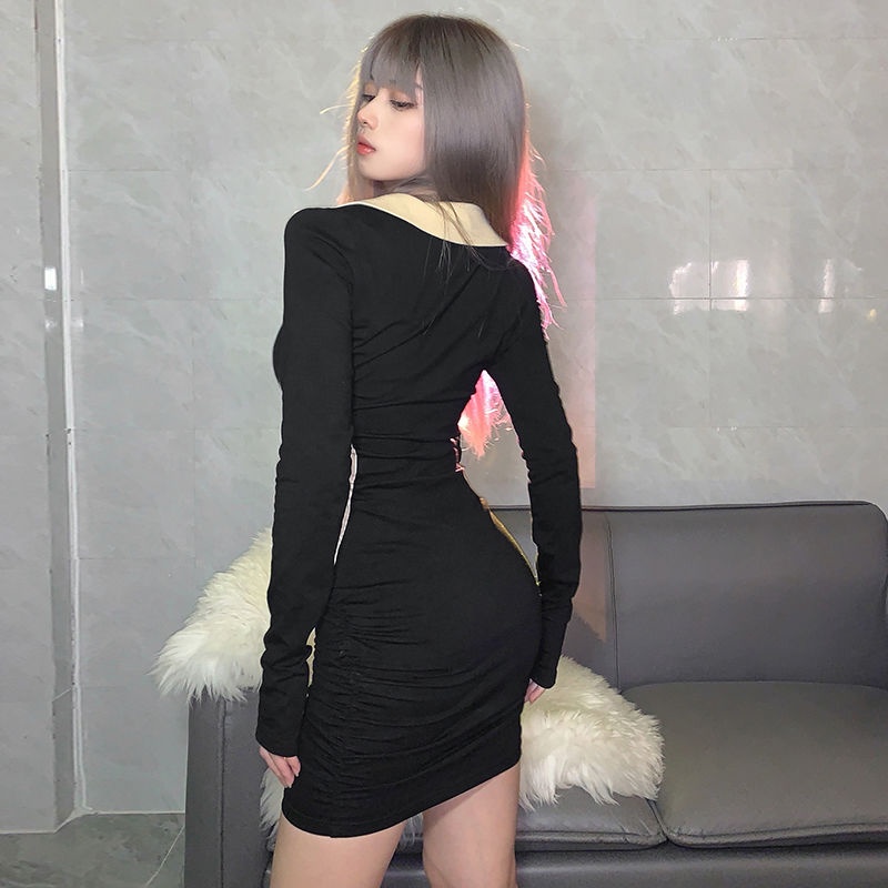 #Sisjuly# Dress Wanita Lengan Panjang Retro Wanita Kerah POLO Kontras Warna Yang Cocok Menerima Pake