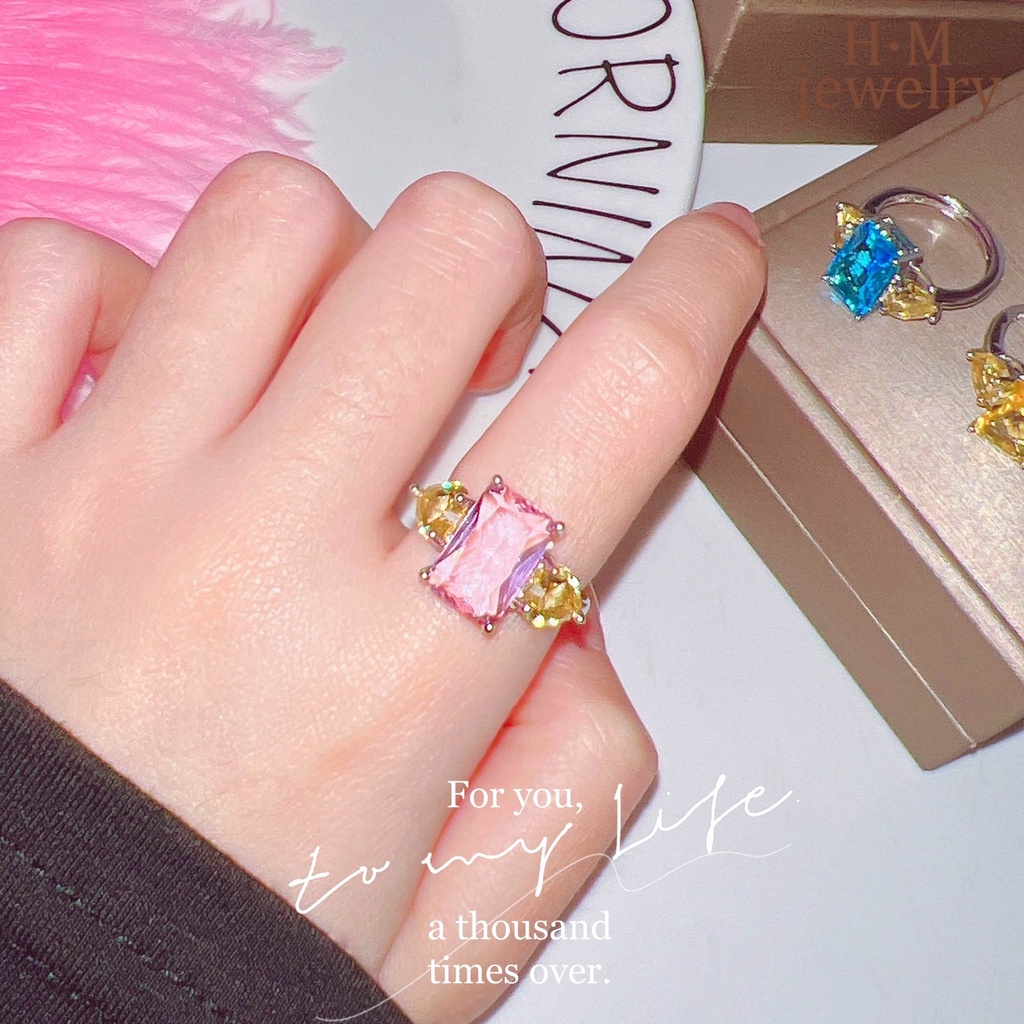 Cincin Silver S925 Aksen Berlian Imitasi Bentuk Kotak Warna Pink Untuk Wanita