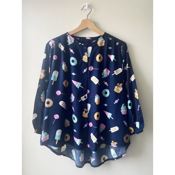 Blouse Wanita Motif Bunga Lengan Panjang Kerut Kancing Depan-Variasi 5