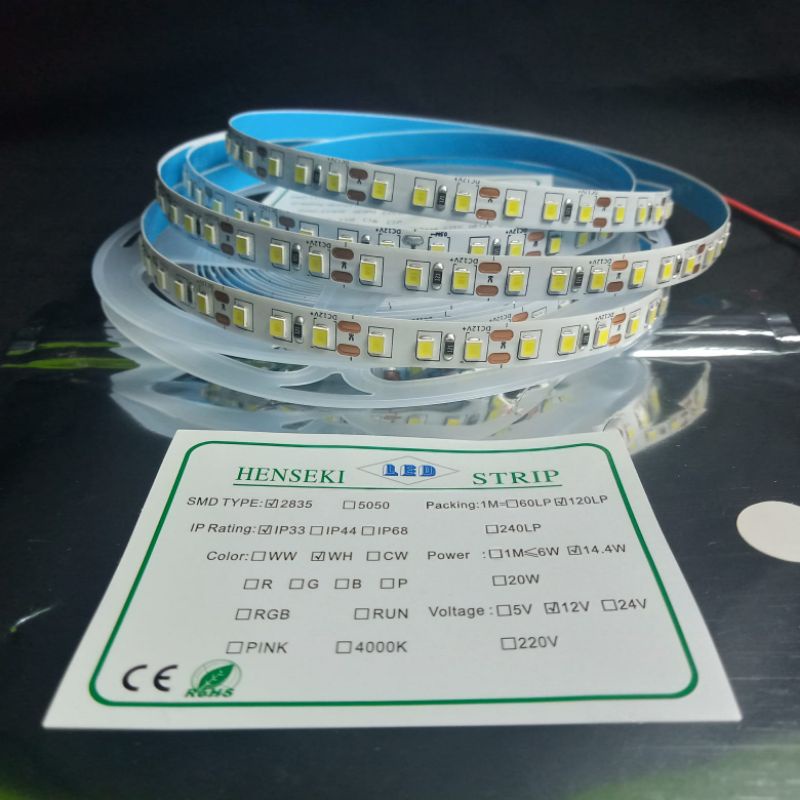 LED Strip 2835 DC12V IP33 120LED 120 LED HENSEKI Putih,WW,NW4000K,Biru,Merah,Hijau,Kuning,Pink,Sky B