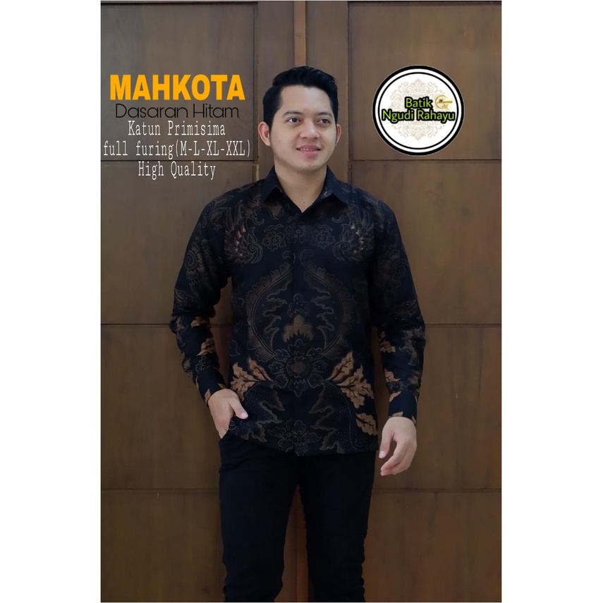 MAHKOTA DASAR HITAM NGUDI RAHAYU KEMEJA BATIK SOLO LENGAN PANJANG LAPIS FURING ATASAN PREMIUM MODERN