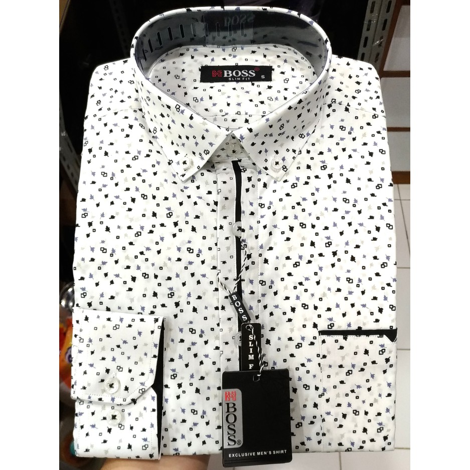 Boss Kemeja Pria Panjang Slimfit Putih List Hitam Motif Daun Biru Abu - Biru, M