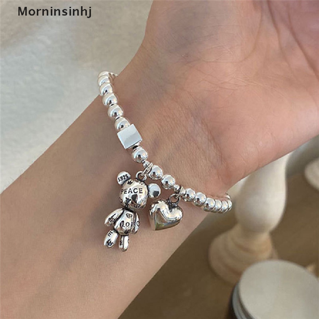 Mornin Gelang Punk Warna Silver Untuk Wanita Manik-Manik String Aksesoris Tren Vintage Sederhana Lucu Beruang Liontin Pesta Perhiasan Halus id