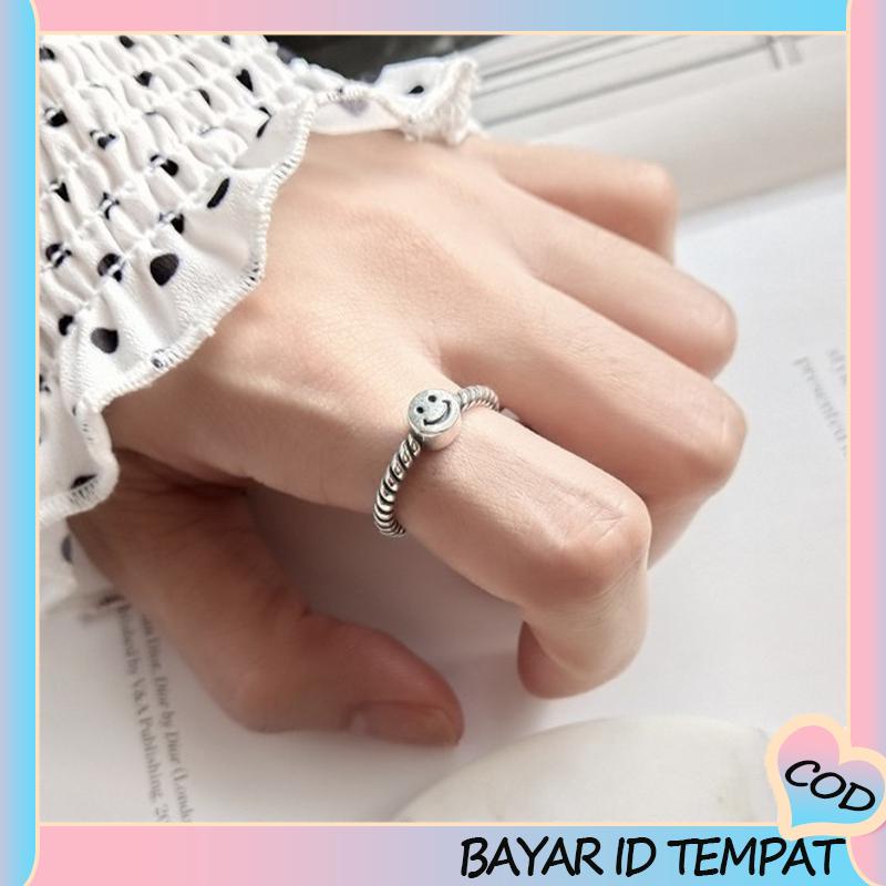 COD❤️ 2 PCS Retro Smiley Cincin Wanita Fashion Kepribadian Pembukaan Cincin Dapat Disesuaikan-A.one