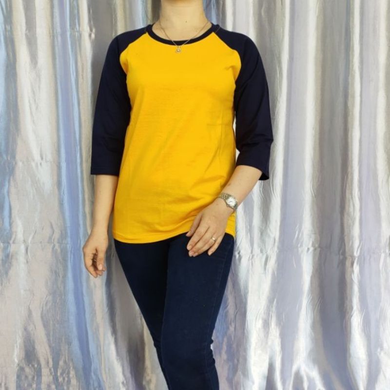kaos polos reglan wanita (unisex) lengan 3/4 uk m l xl xxl-Kuning/navy 3/4