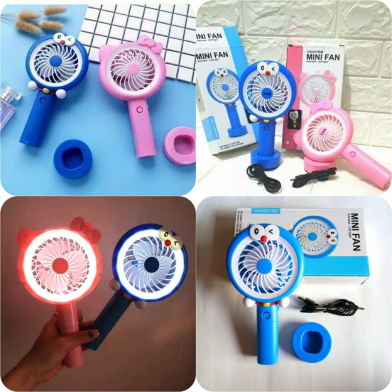 KIPAS ANGIN PORTABLE MINI FUN+LAMPU,KARAKTER HELLOKITY&amp;DORAEMON