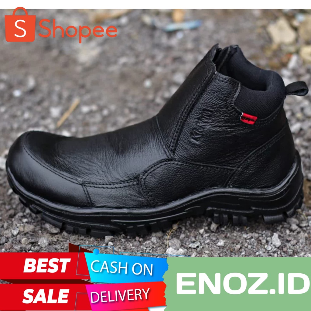 ENOZ X CRDL - Sepatu Boots Kulit Pria Ujung Besi Safety Boot Tracking Touring Kerja Lapangan Industri Bengkel