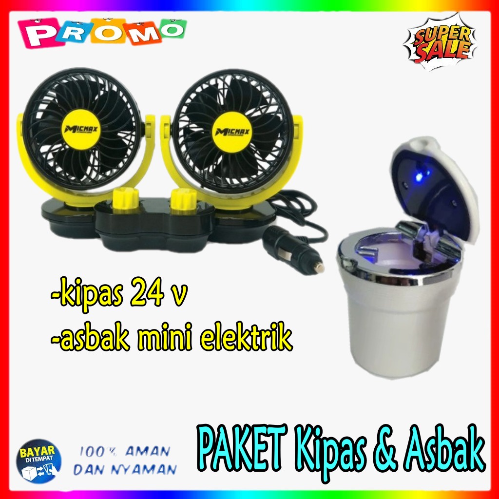 Kipas Paket Mobil Micmax Double Headed 24 V 24V Volt & Asbak Mobil Led Portable Mobil Mini Portable 