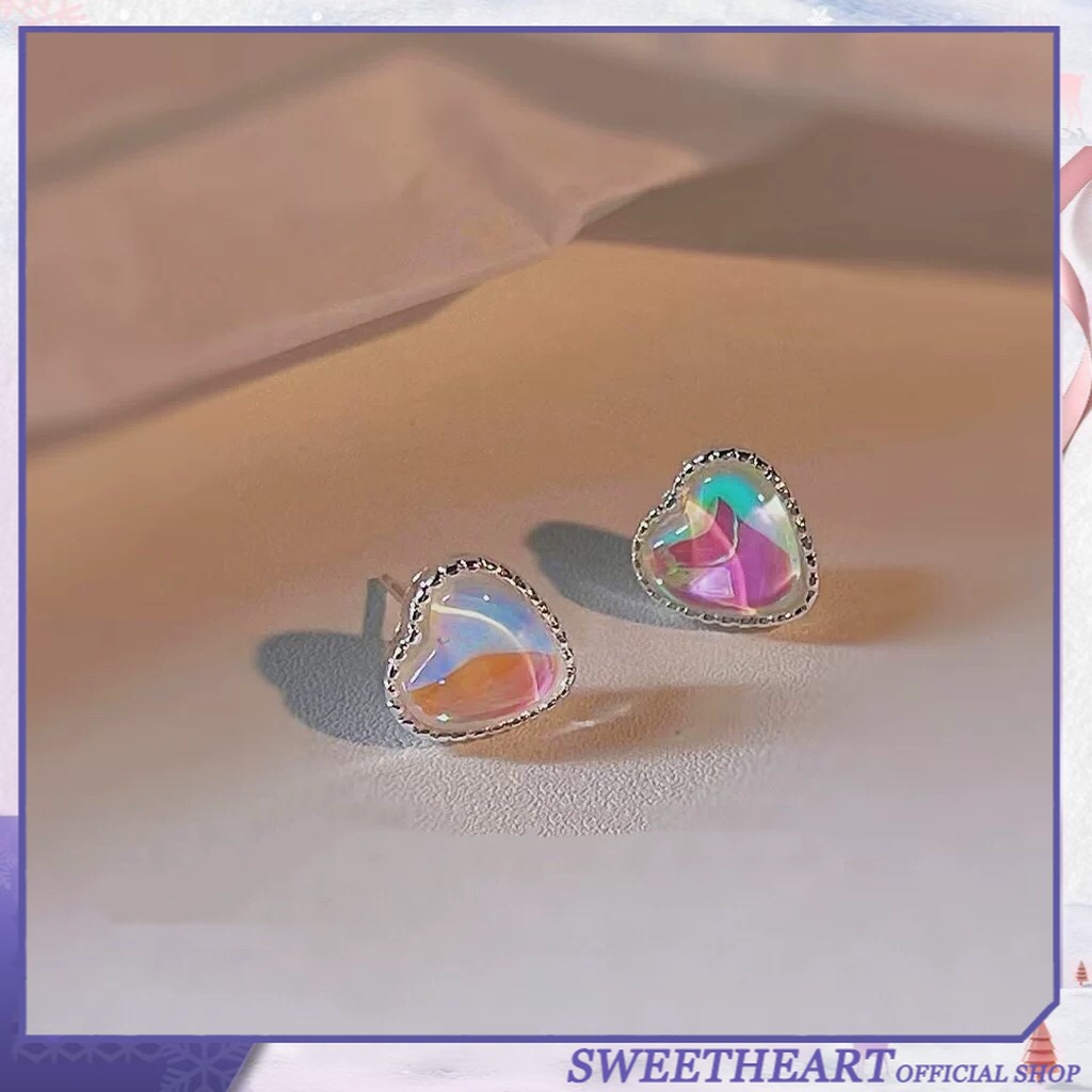 Anting Stud Opal Bentuk Hati Warna Pink Gaya Korea Untuk Perempuan