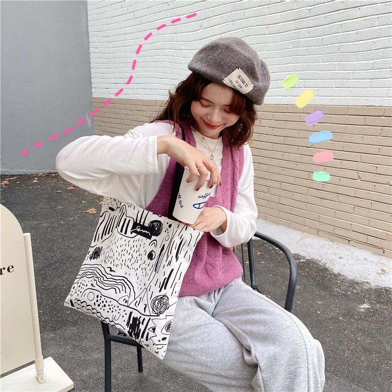 TC-94 tas canvas kanvas tote bag wanita line mountain import korea jepang high quality