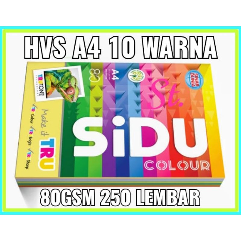 

[250 SHEET] KERTAS HVS SIDU WARNA WARNI A4 80GSM/HVS RAINBOW A4 80GSM SINAR DUNIA