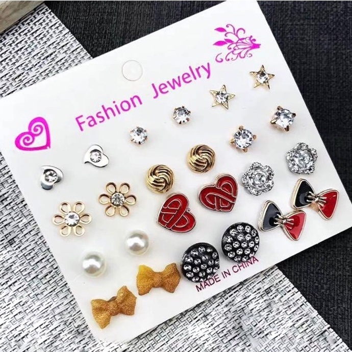 ⭐COD 12 Pasang Anting Set Tusuk Model Mutiara Intan Bentuk Bulat Gaya Korea Untuk Wanita Dalika