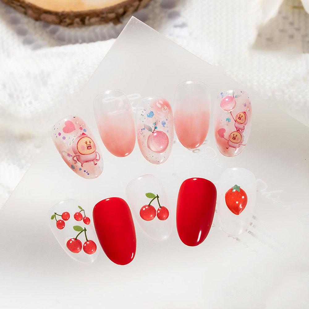 AUGUSTINA Agustin 3D Kuku Stiker Musim Semi Musim Panas Baru Indah Lucu Peach Buah Strawberry 5D Tipis Tangguh Kartun Cherry Manicure Aksesoris Perekat Diri Stiker