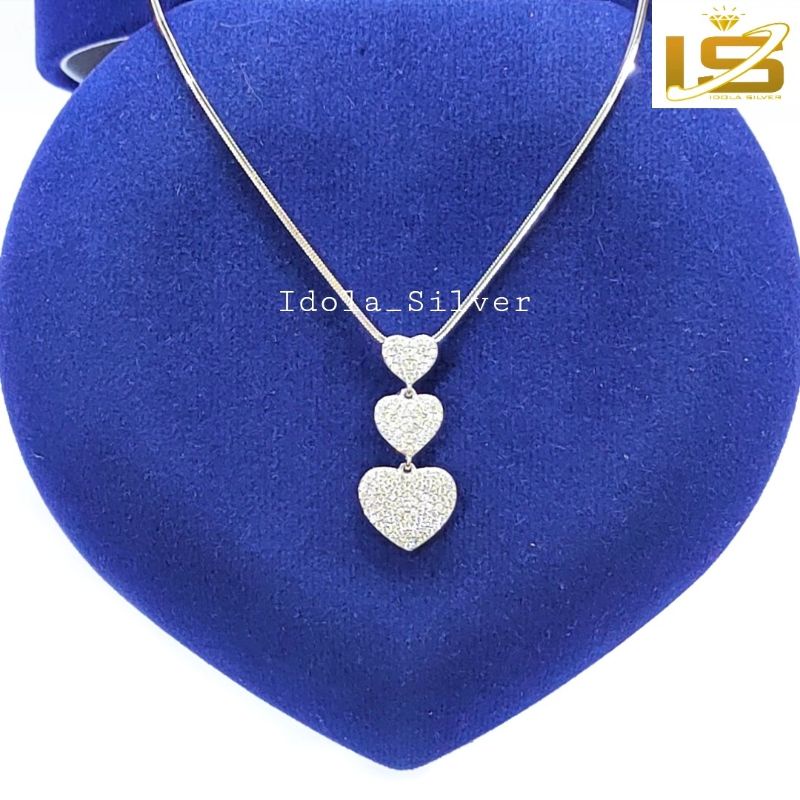 KALUNG PERAK ASLI SILVER WANITA 925 LAPIS EMAS PUTIH LIONTIN LOVE 3 SUSUN PERMATA FULL - PERHIASAN PERAK WANITA ASLI