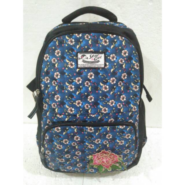 Tas ransel sekolah silver girl biru hitam motif bunga laptop ori