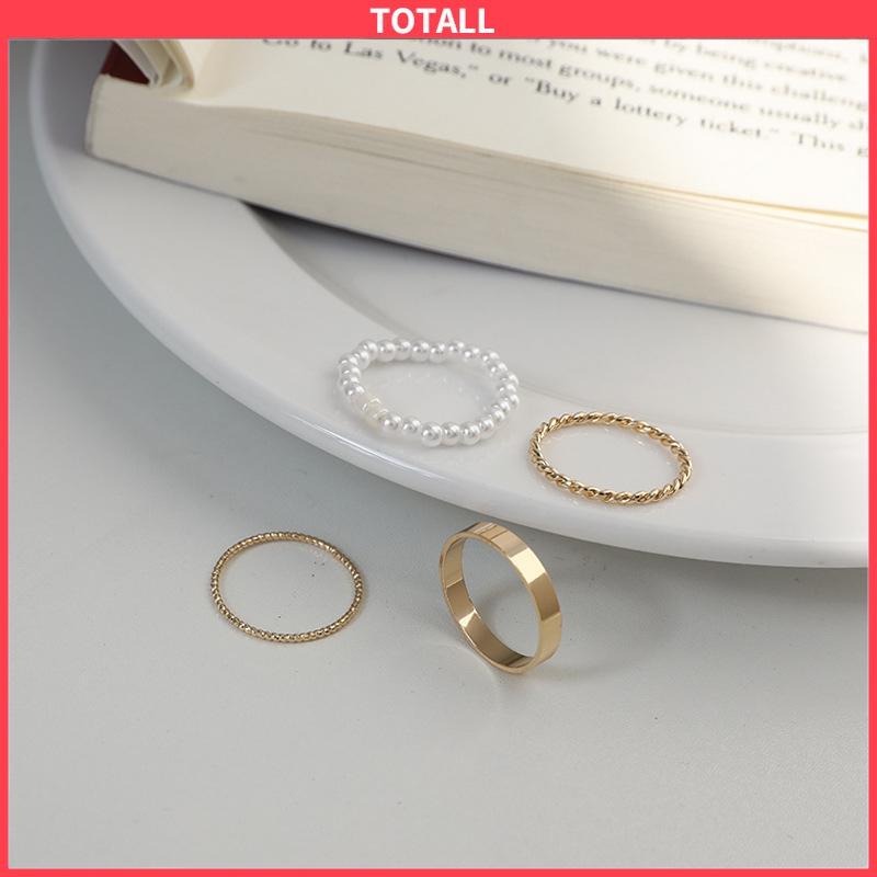 COD Korea Wanita Mutiara Cincin Wanita Emas Cincin Logam Set Fashion Perhiasan Aksesoris-Totall