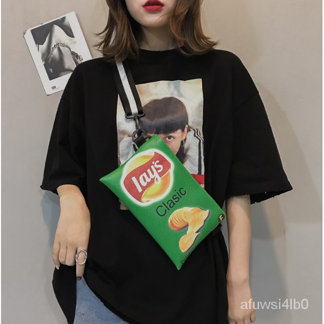 Funny Potato Chips Crossbody Handbag Women Canvas Shoulder Bag Mini Cartoon Printing Girl Envelope B