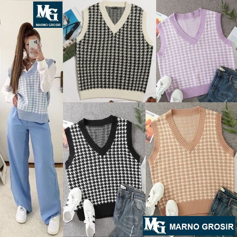 JENNIE VEST RAJUT / VEST RAJUT / ROMPI VEST RAJUT / HOUNDSTOOTH VEST / FASHION WANITA / ATASAN WANIT