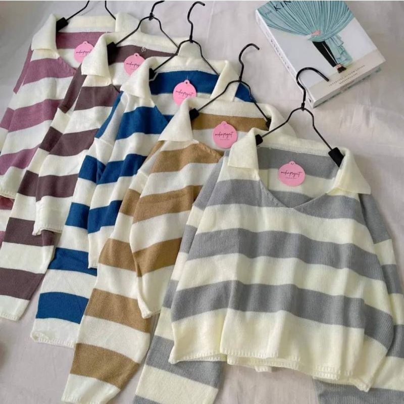 CROP RAJUT FUJI STRIP READY GARIS OVERSIZE | BLOUSE RAJUT MOTIF GARIS