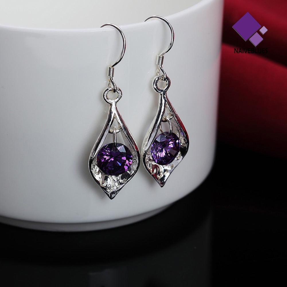 Anting Juntai Lapis Silver Hias Zirkon Warna Ungu Untuk Wanita