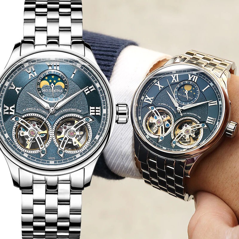 Jam tangan mekanik keren MG.ORKINA Double Tourbillon Watch Mens Automatic Mechanical Moon Phase