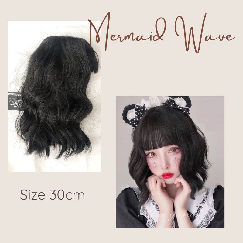 (Gojek Grab) Wig semi human hair mermaid wave korean 30cm rambut sambung palsu wanita pria anak wig 