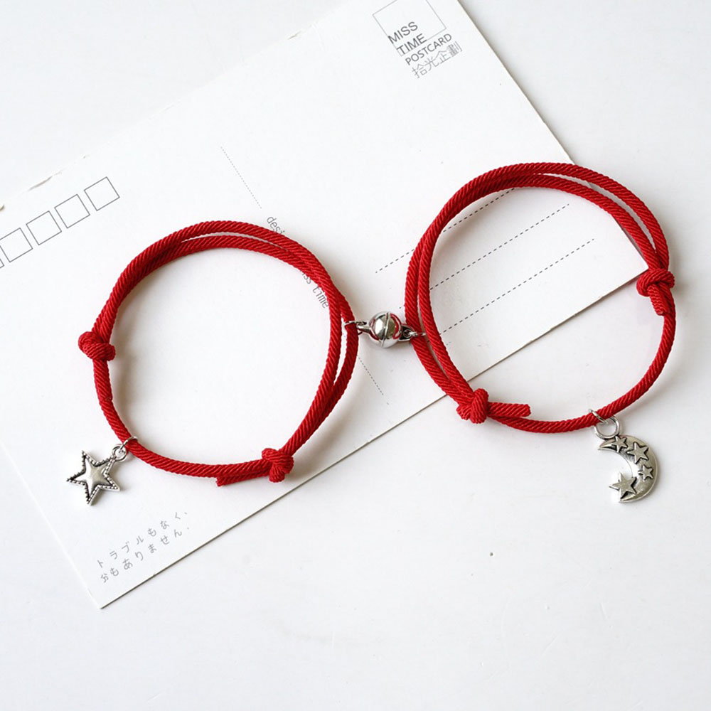 2Pcs Set Gelang Tali Magnet Pria Wanita Teman Pasangan Gadis Hitam Couple