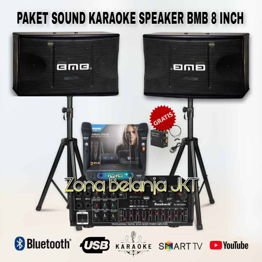 PAKET KARAOKE SOUND SYSTEM BMB SPEAKER 8 INCH AMPLIFIER USB BLUETOOTH MIC WIRELESS ORIGINAL ( BW-2 )