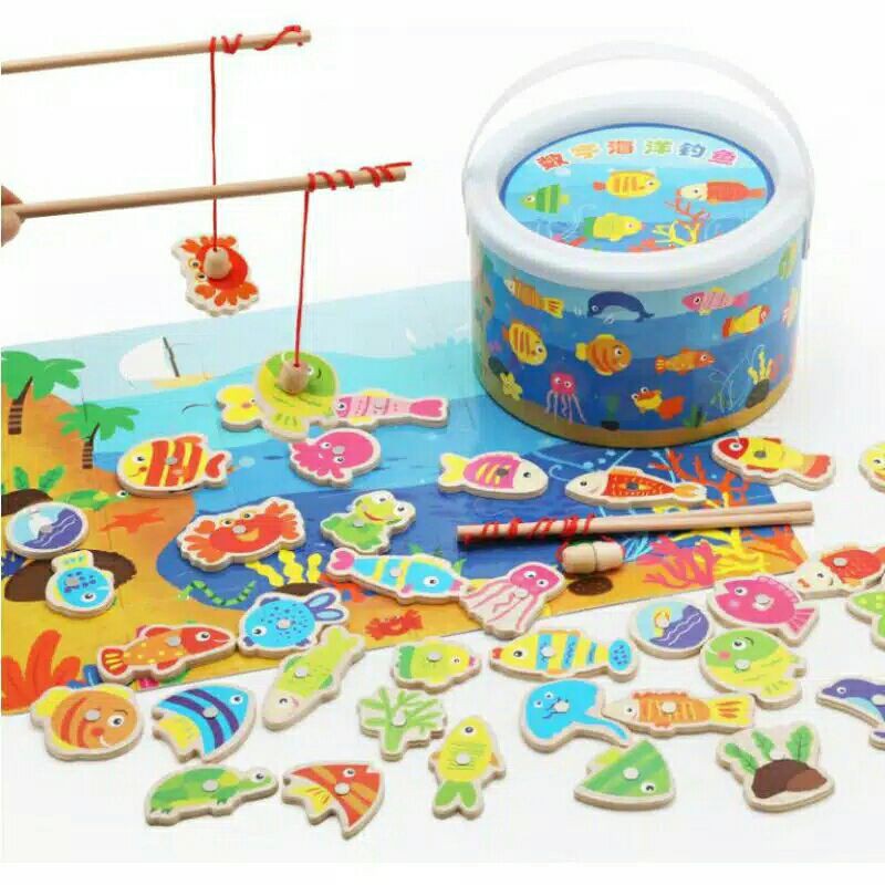 Mainan pancing ikan kayu premium dengan ember + puzzel dus ukuran besar