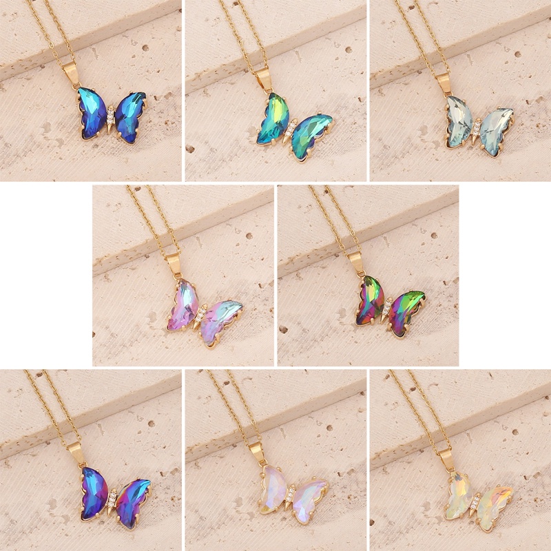 Kalung Rantai Klavikula Desain Kupu-Kupu Kristal Kaca Bening Gaya Korea Butterfly