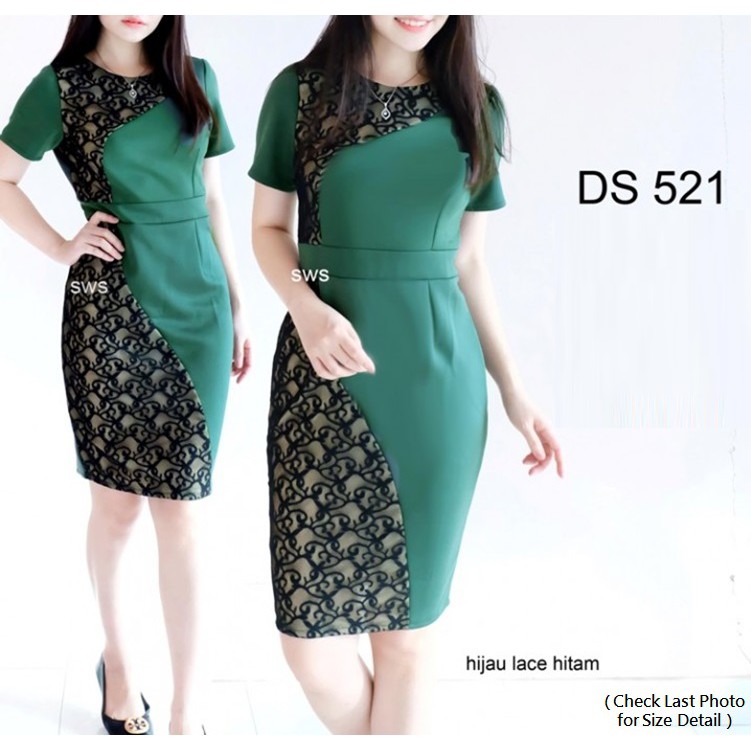 DS521 - DRESS PESTA BRUKAT LACE MIDI SCUBA BODYCON SEPAN PREMIUM NATAL MURAH GROSIR