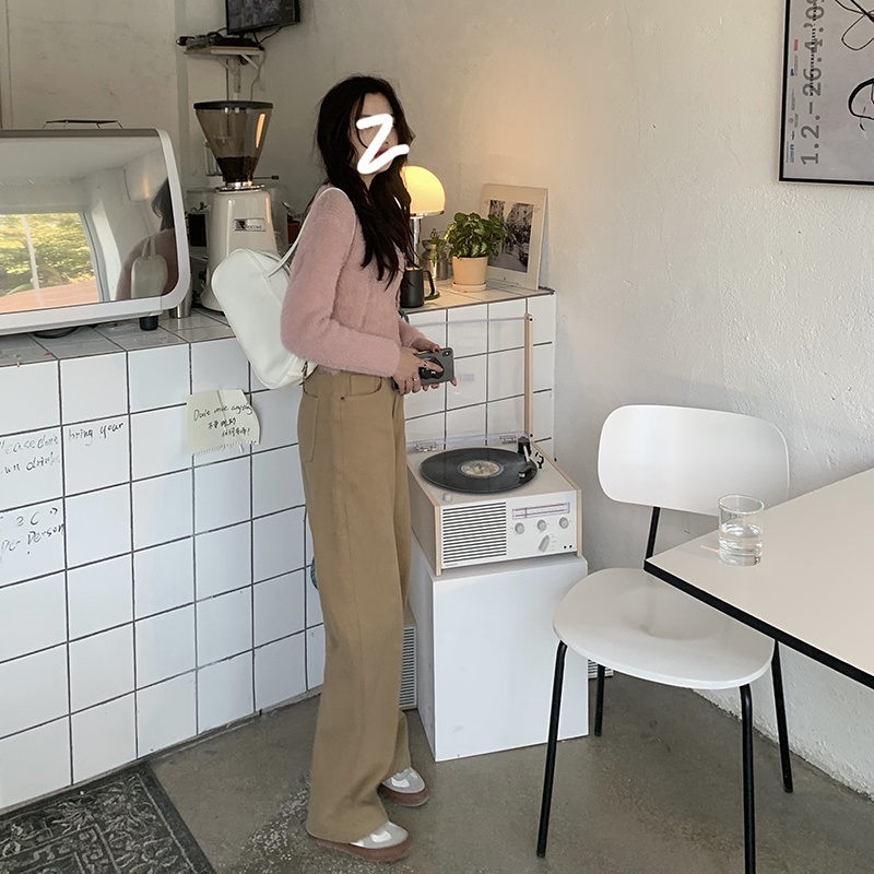 [chaoo.id]Celana kargo berkaki lebar model pinggang tinggi lurus longgar cocok untuk semua celana jens wanita/Korean style straight leg loose khaki jeans