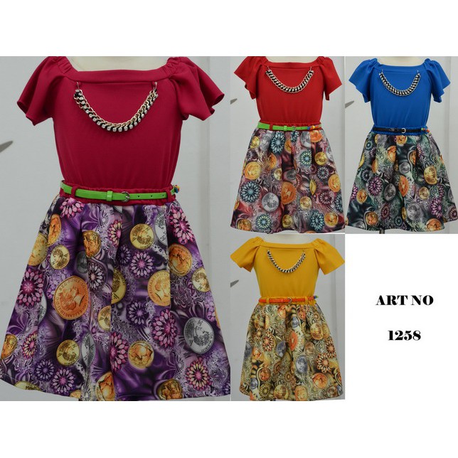 Dress Anak Perempuan Fashion Casual Kaos Velvet Kombinasi Scuba Printing