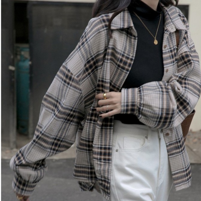 kemeja wanita Korea plaid shirt oversize retro panjang lengan semua pertandingan