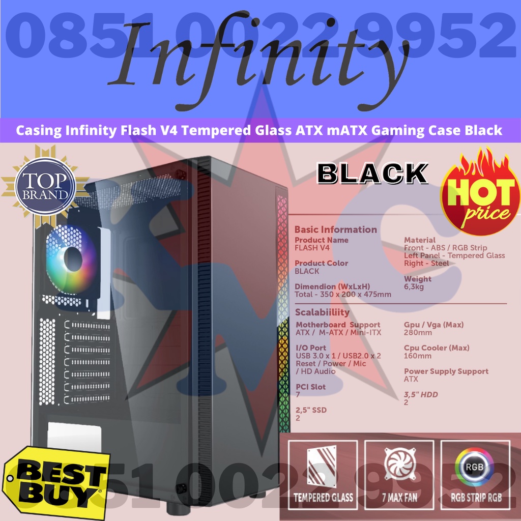 Casing Infinity Flash V4 Tempered Glass ATX MATX Gaming Case Black