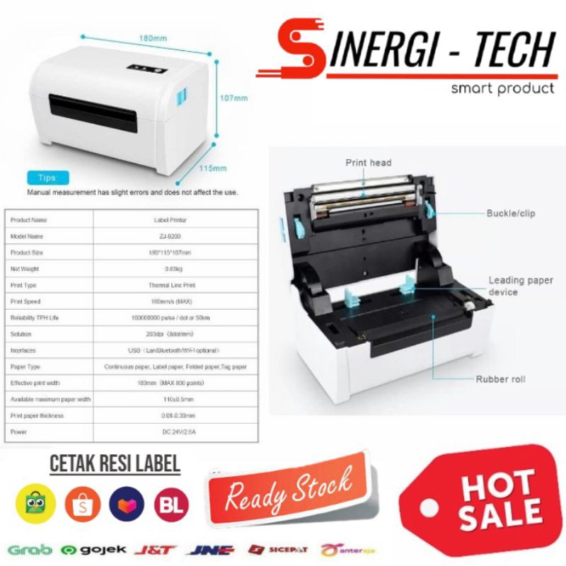 

PRINTER LABEL THERMAL STICKER 110MM ZJ-9200 CETAK RESI (USB + HOLDER)