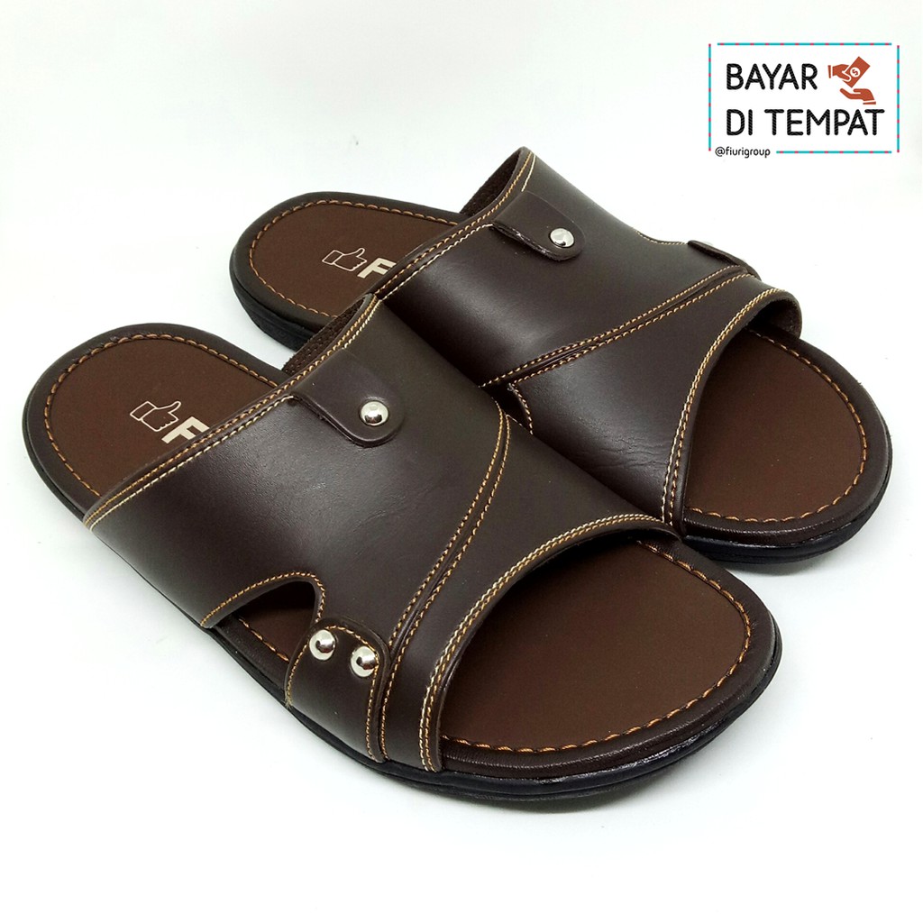 FIURI - Sandal Pria Single Slip On Coklat - Sendal Jepit Japit Kulit Selop Cowok Laki-Laki