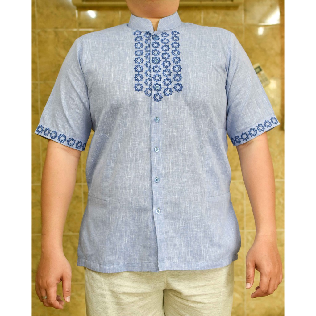 Baju Koko Pria Biru Muda Bermotif Lengan Pendek - 012