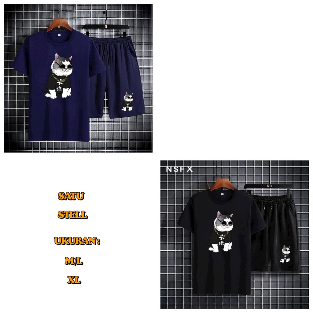 ALIPIO FASHION - SETELAN KUCING CAT PENDEK / fashion pria / satu stell / T-Shirt / celana pendek / terbaru / keren