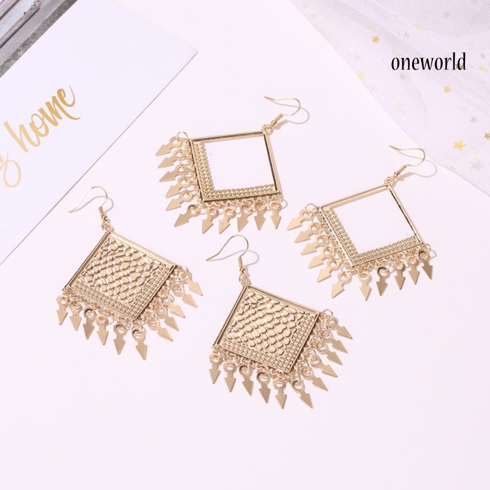 OW# Ethnic Women Heart Rhombus Geometric Dangle Tassel Hook Earrings Jewelry Gift