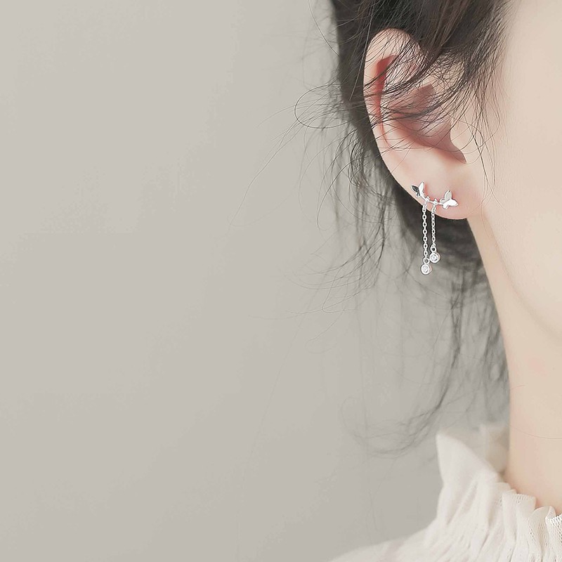 Fashion Aksesoris S925 Anting-Anting Perak Murni Kecil Segar Ganda Kupu-kupu Desain Kuku Telinga