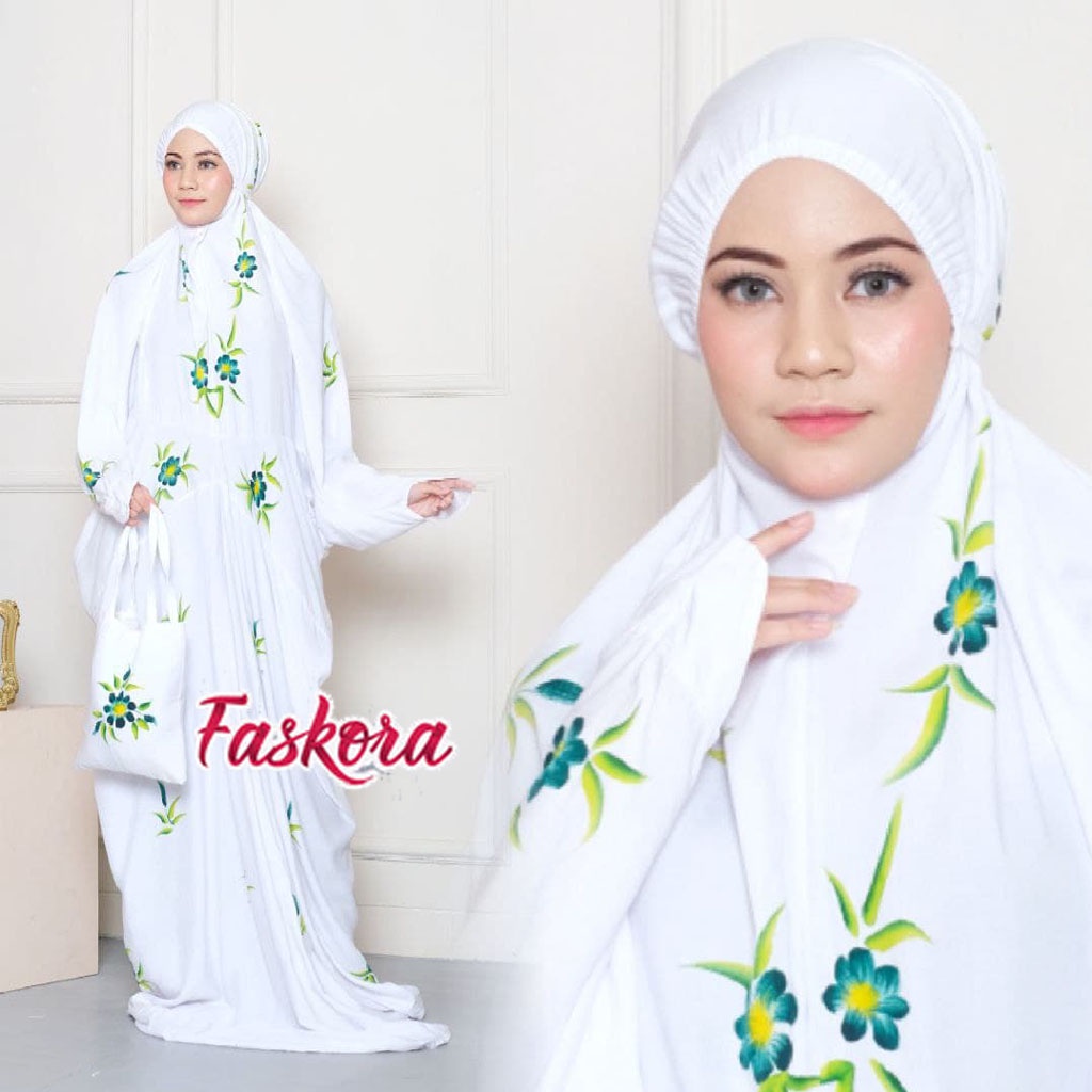 Mukena Dewasa Terusan Jumbo Putih Bali Polos Rayon Premium Lukis Bunga Mukenah Terusan Putih Motif