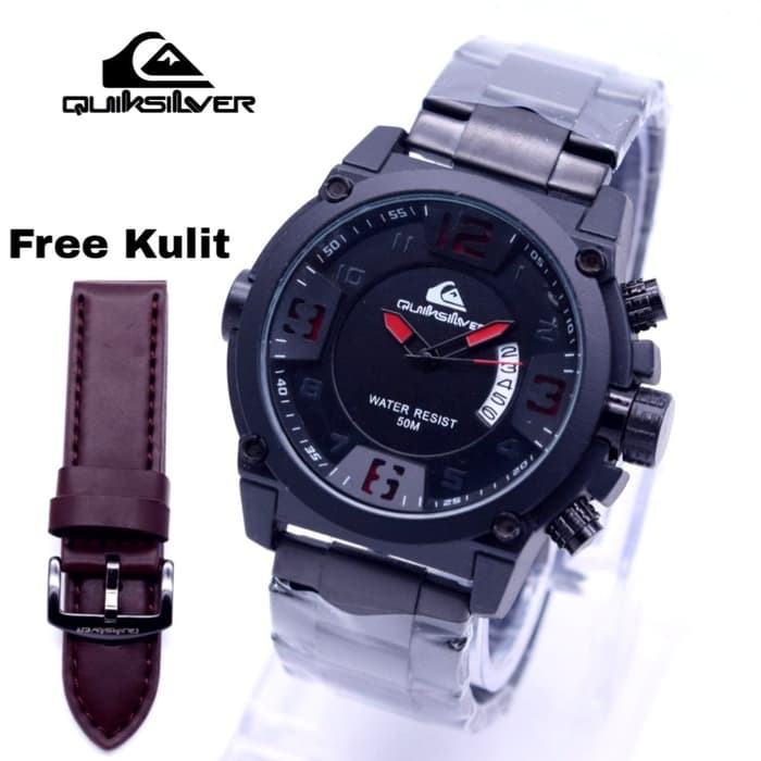 Jam Tangan Pria Quiksilver Sabit Rantai Paket Bonus Kulit Jarum Merah - Hitam