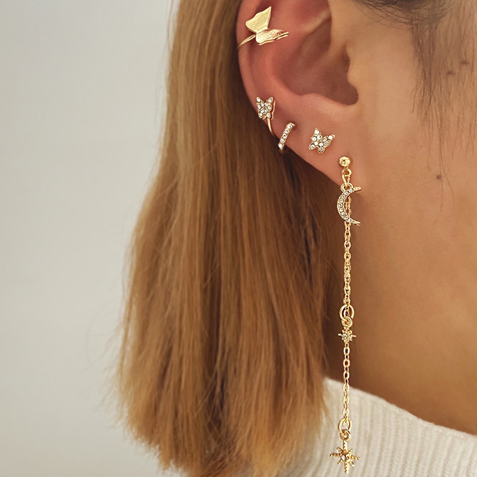 Female Diamond Star Set Ear Clip Lock Gold Tassel Stud Earrings