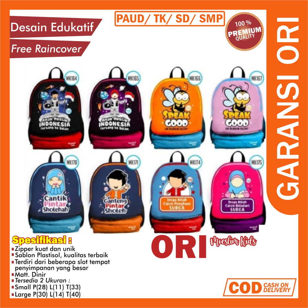 Tas Sekolah anak laki laki perempuan karakter muslim PAUD TK SD SMP BONUS rain cover