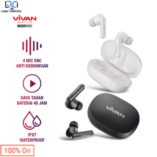 VIVAN Earphones Headset TWS T600NC Bluetooth 5.2 Waterproof IPX7 48 Jam Play Time Garansi 1 Tahun