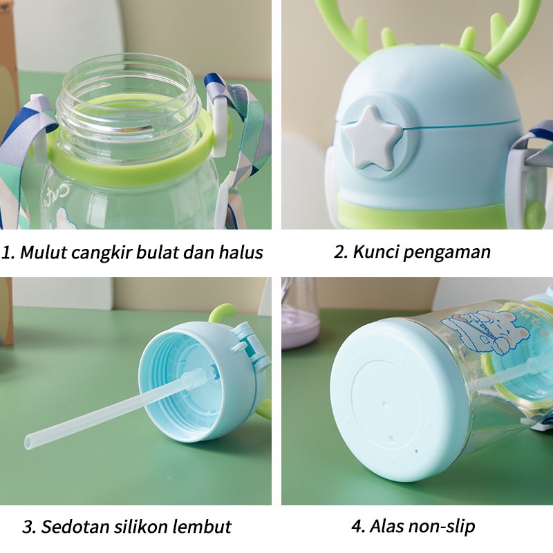 Letyeah &amp; Kaizenliving Botol minum anak 600ml bpa free / botol minum lucu sedotan dengan tali