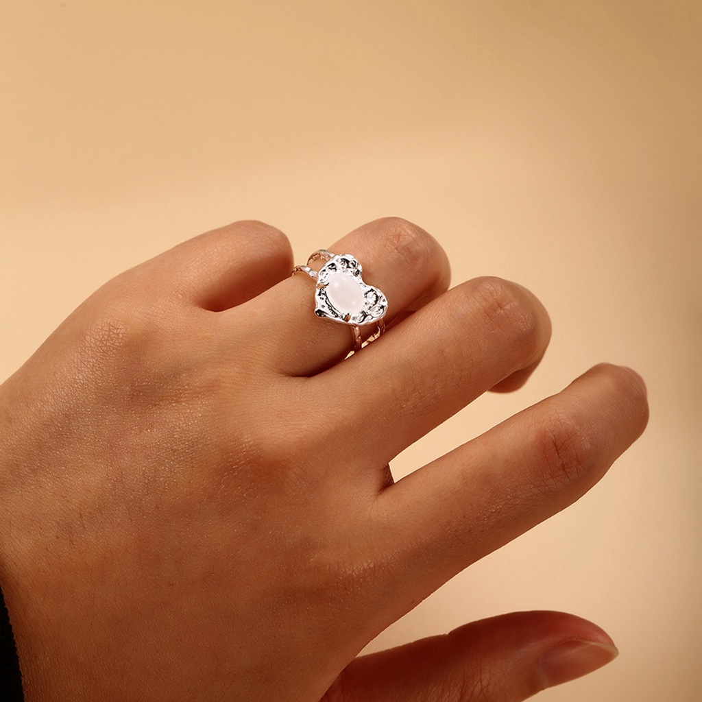 Cincin Model Terbuka Desain Hati Hias Moonstone Gaya Mewah Ringan Untuk Wanita